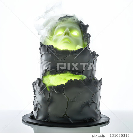 Halloween cake with eerie glowing green light and spooky face emerging from cracked black fondant creates mysterious and haunting atmosphere for celebrations. 131020313