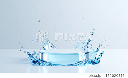 Podium with clear water splash creates fresh and dynamic scene, highlighting purity and energy in minimal blue background for product display or advertising 131020513