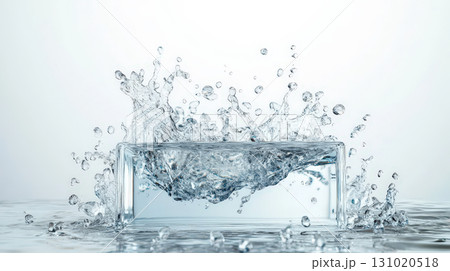 Podium with clear water splash creates dynamic movement and freshness, transparent liquid droplets scatter in air reflecting light on white background 131020518