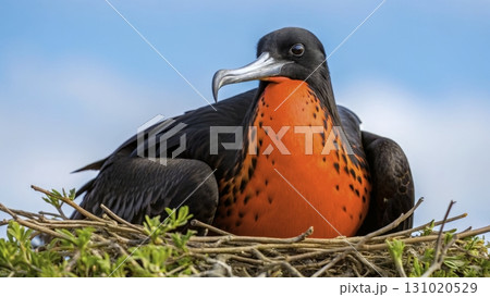 Majestic frigatebird resting on its nest with vibrant plumage under a clear blue sky 131020529