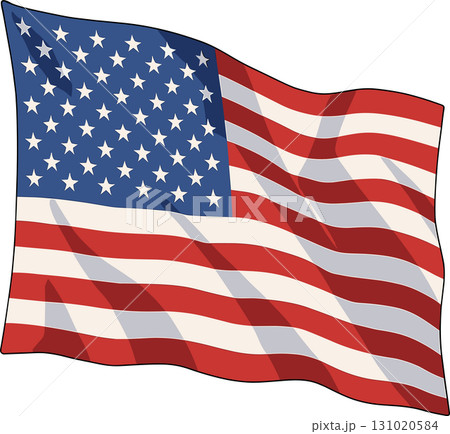 風に靡くアメリカの国旗のイラスト 131020584