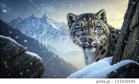 Snow leopard gazes from rocky terrain with mountain backdrop in snowy landscape during winter 131020595