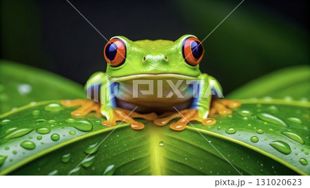 Colorful red-eyed tree frog perched on a large green leaf after rainfall in a tropical rainforest  131020623