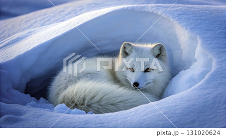 Arctic fox resting comfortably in snow during bright winter day 131020624