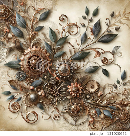 アンティークな歯車とボタニカル模様 131020651