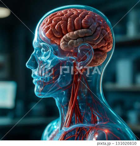 AI generated futuristic medical visualization of a transparent human head showing brain nervous system and blood vessels with glowing anatomy in a modern scientific atmosphere 131020810