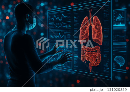 AI generated digital artwork of masked person interacting with holographic medical screen displaying glowing lungs and intestines data dashboard symbolizing futuristic healthcare precision medicine AI generated digital artwork of masked person interacting with holographic medical screen displaying glowing lungs and intestines data dashboard symbolizing futuristic healthcare precision medicine 131020829
