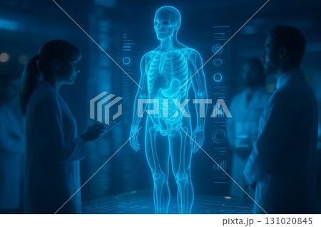 AI generated futuristic medical visualization showing doctors analyzing a holographic human body with digital health interface in a sci fi laboratory atmosphere 131020845