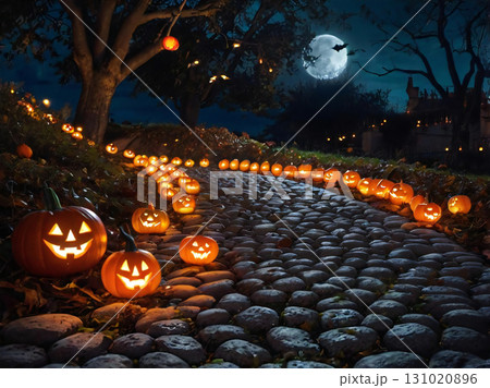 カラフルなカボチャが並ぶハロウィーンの夜 カラフルなカボチャが並ぶハロウィーンの夜 131020896