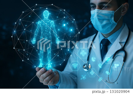 AI generated doctor analyzing human hologram with digital network and medical icons symbolizing future healthcare technology and precision medicine 131020904