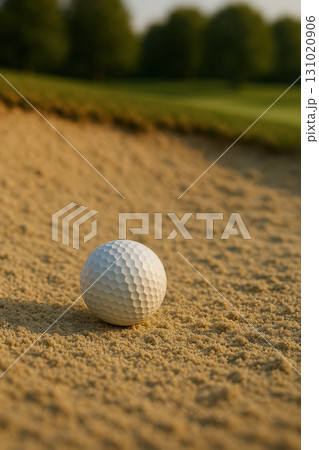 Golf ball sand bunker outdoor sport closeup textured sunlight green leisure competition recreation summer field grass landscape equipment white round shadow detail focus game obstacle challenge 131020906