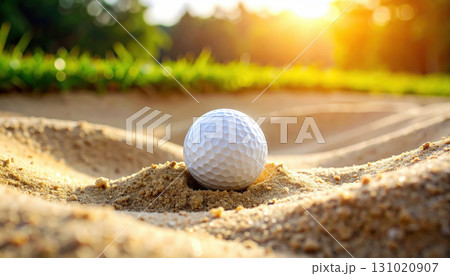 Golf ball sand trap sunlight green grass outdoor sport summer challenge closeup landscape. golf ball sits in sandy bunker on lush course sunlight creating warm and inviting atmosphere. 131020907