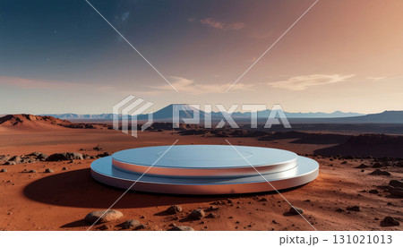 Futuristic white circular podium platform on mars red desert landscape with mountain backdrop under orange sky sunset horizon alien world stage 131021013