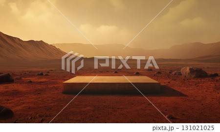 Futuristic podium platform stands on mars landscape under golden sunset sky creating sci fi stage for product display presentation with red terrain plus mountainous horizon Futuristic podium platform stands on mars landscape under golden sunset sky creating sci fi stage for product display presentation with red terrain plus mountainous horizon 131021025