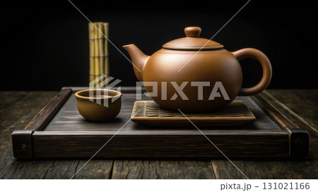 Ceramic tea set displayed on a wooden tray with a tea pot and cup against a dark background 131021166