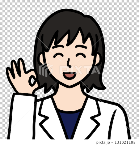 年輕女醫師科學家研究員身穿白大褂的 OK 姿勢圖標 131021198