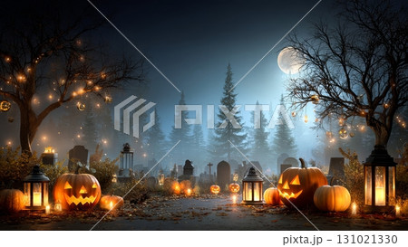 不気味な墓地で光るハロウィンのジャックオランタン 131021330