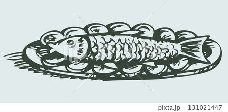 Fish in a plate with lemon. Vector drawing Fish in a plate with lemon. Vector drawing 131021447