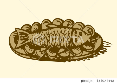 Fish in a plate with lemon. Vector drawing 131021448