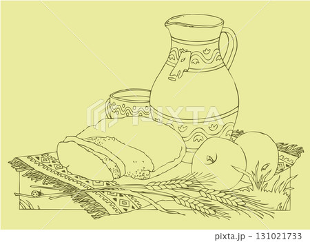 Vector drawing. Still life of apples, bread and milk 131021733