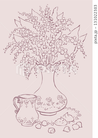 Vector still life with vase of lilies and a cup of coffee Vector still life with vase of lilies and a cup of coffee 131022383