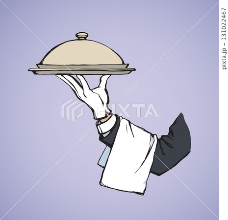 Hand of waiter with dish. Vector drawing 131022467