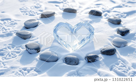 Translucent ice heart nestled in pristine white snow surrounded by smooth dark stone arranged in circular pattern creating serene winter scene with soft natural lighting 131022651