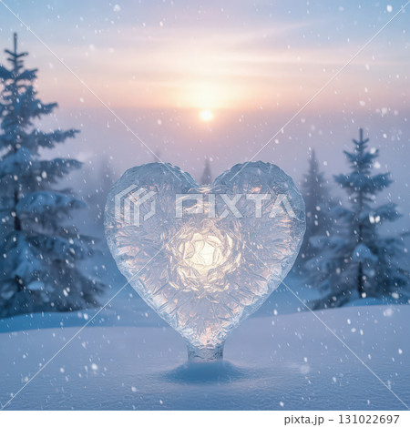 glowing ice heart shines with romantic light in magical winter forest during snowy sunrise. perfect symbol of love + hope in cold season for valentine greeting. 131022697