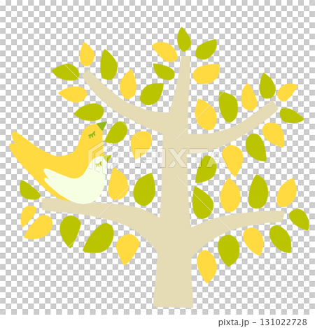 A captivating pair of birds and a tree with yellow autumn leaves 131022728