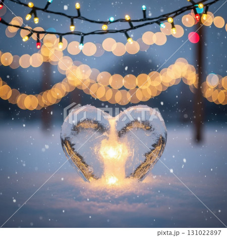 Heart shaped sparkler glowing in winter snow with warm bokeh light from string bulb creating magical xmas atmosphere plus romantic holiday celebration scene 131022897