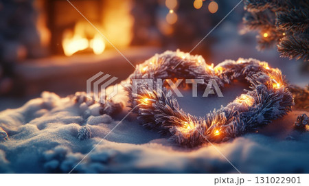 Cozy winter heart shaped cookie on soft blanket with warm fireplace glow plus festive xmas decoration creating magical holiday atmosphere in comfortable home interior 131022901