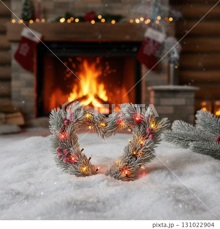 Christmas heart wreath decoration glowing fireplace warm cozy winter holiday home interior festive xmas celebration candlelight romantic atmosphere 131022904