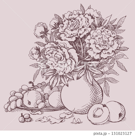 Vector Still Life of lush peonies, grapes and peaches 131023127