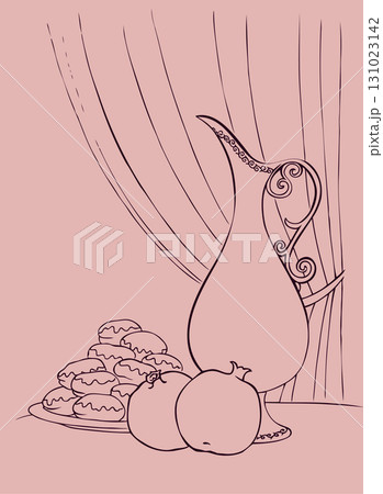 Ripe grenades near the dish with sweet donuts 131023142