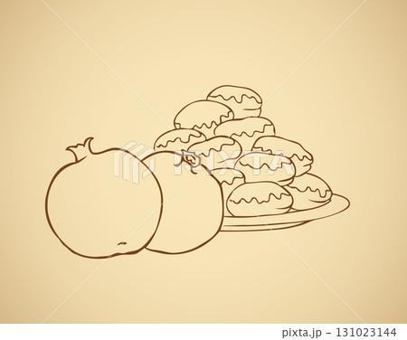 Ripe grenades near the dish with sweet donuts Ripe grenades near the dish with sweet donuts 131023144