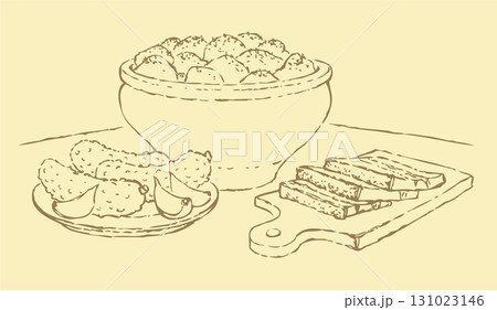 Vector still life. Slavic food: baked potatoes, pickled cucumbers and bacon 131023146