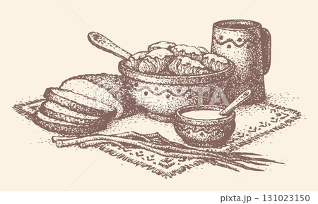 Vector still life. Slavic food: cabbage rolls, bread, leeks and kvass 131023150
