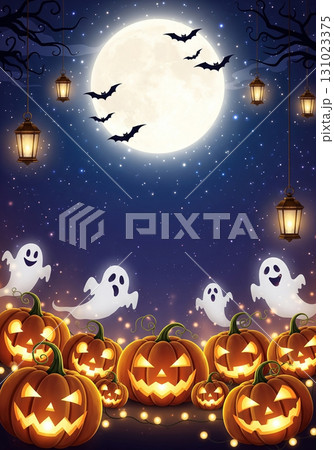 満月と夜空を背景にしたハロウィンイラスト（かぼちゃとおばけ） 131023375