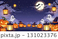 ハロウィン背景 おばけとかぼちゃの横長イラスト 満月の夜空とランタン 131023376
