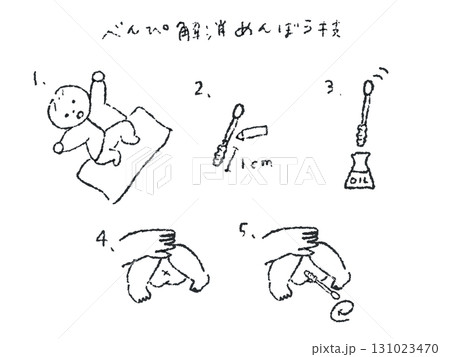 綿棒による赤ちゃんの便秘対策線画イラスト 131023470