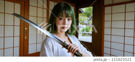 刀を持つ緑の髪の美少女　Beautiful green-haired girl with a swo 131023521