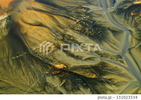 Aerial view of acid mine water drainage flow, toxic mine waters polluting the environment 131023534