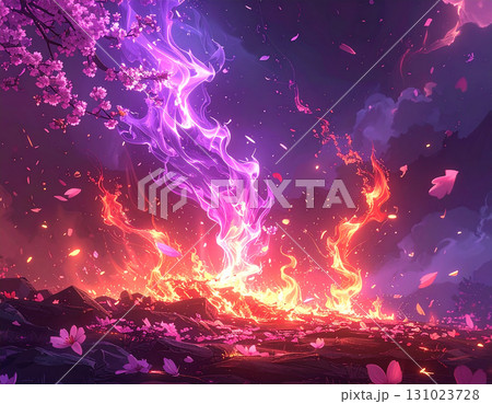 炎と光の流れと桜の花びらが舞い散る幻想的な桜花乱舞 131023728
