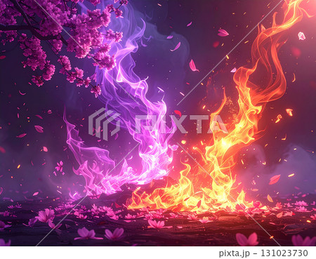 炎と光の流れと桜の花びらが舞い散る幻想的な桜花乱舞 炎と光の流れと桜の花びらが舞い散る幻想的な桜花乱舞 131023730