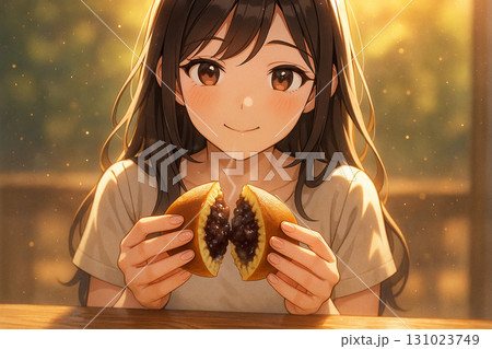 ほっこり笑顔と甘いどら焼きのアニメーション風イラスト 131023749