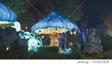 Beijing, China. Large Lantern Composition At Zigong Lantern Festival. Visualization Of Lighting Composition Of Waterfalls, Full Moon And Chinese Pailou Traditional Gates. Pailou, Paifang Is Style Of Beijing, China. Large Lantern Composition At Zigong Lantern Festival. Visualization Of Lighting Composition Of Waterfalls, Full Moon And Chinese Pailou Traditional Gates. Pailou, Paifang Is Style Of 131023819