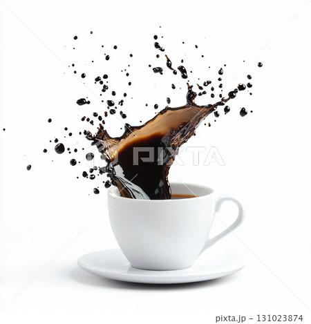 A dynamic splash of rich brown coffee in ceramic cup and saucer isolated on white background isolated on white background 131023874