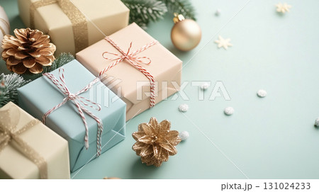 gift boxes with Christmas ornament on soft color background 131024233