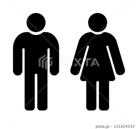Man and Woman icon. Minimalistic black silhouette illustration of man and woman restroom symbols, simple male and female pictogram icons for toilet sign, bathroom indicator, gender symbol design 131024333