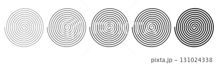 Spiral icons. Editable stroke. Set of five black spiral line patterns, abstract circular swirl collection, hypnotic vortex design elements, geometric concentric rotation shapes for decoration and art 131024338